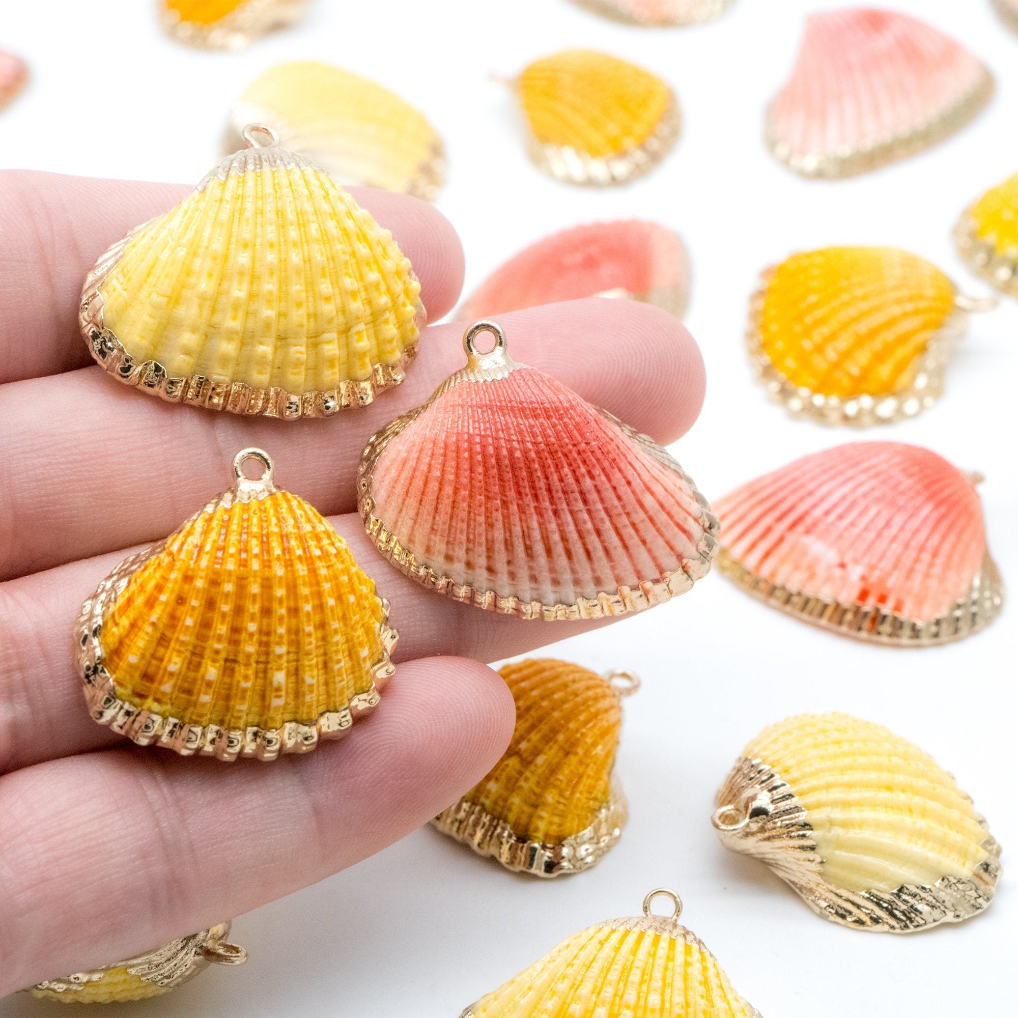10pcs Natural Shell Charms, Gold plated Shell Pendants, Yellow/ Orange/ Red (#V1390)